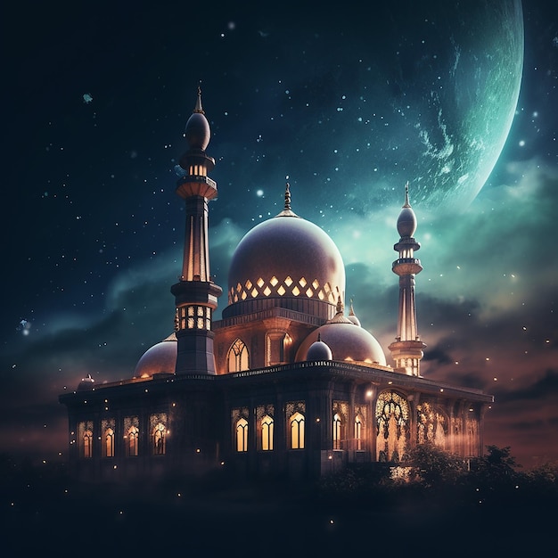 photo a lit up mosque with a crescent moon on the top