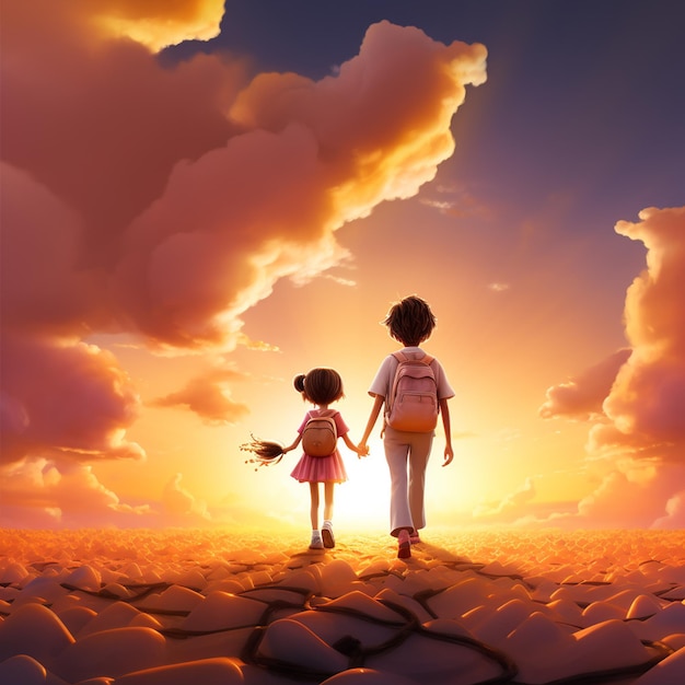 Photo little girl holding her brother's hand in the middle of the desert at sunset