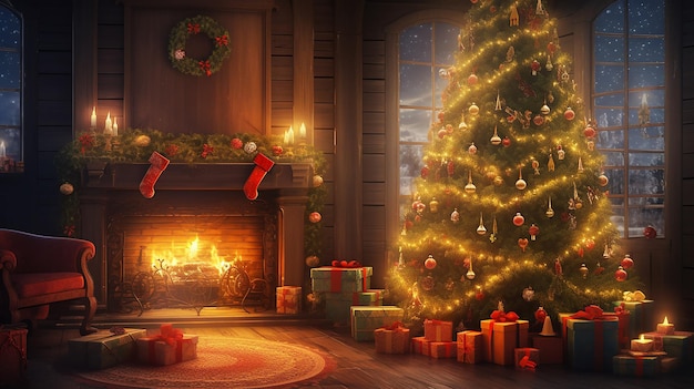 Photo of living room with Christmas tree and decorations snow backgrounds