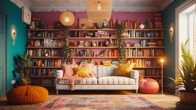 Photo a living room with white furniture and bookshelf collection generated by ai