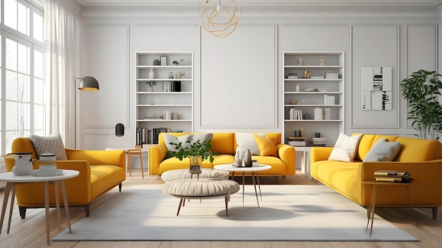 a photo of a living room with yellow couches and wooden floor