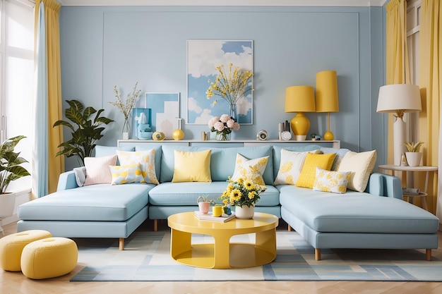 Photo living roomdesign with pastel blue and yellow