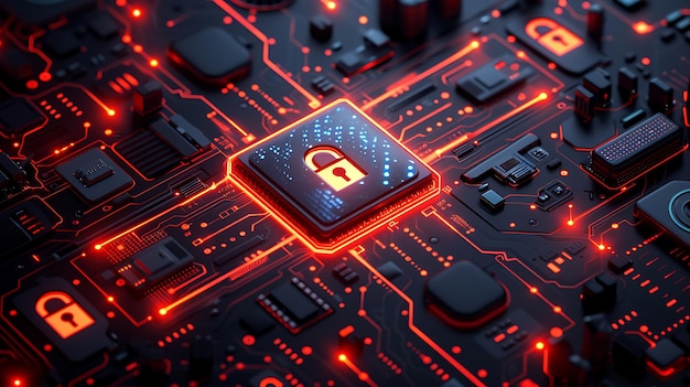 Photo of a locked with the cyber security digital circuit background design