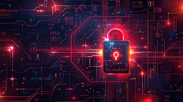 Photo of a locked with the cyber security digital circuit background design