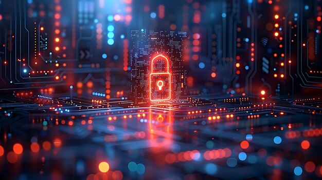 Photo of a locked with the cyber security digital circuit background design