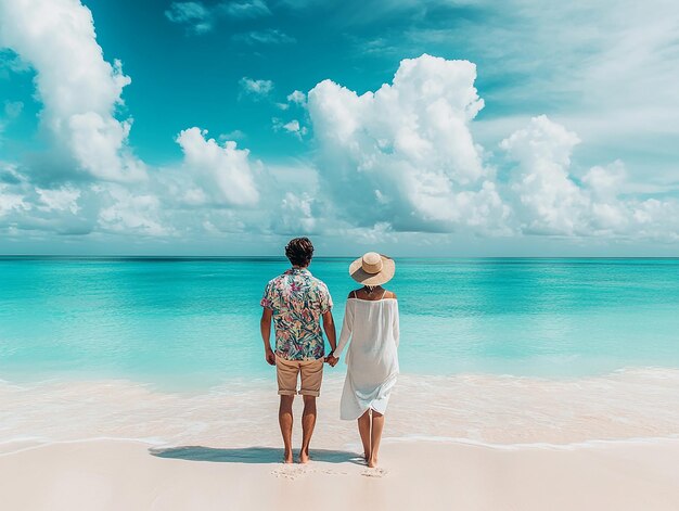 Photo photo of a lovely couple standing walking on a beach holding hands while facing the ocean