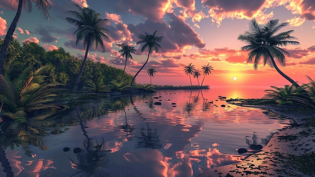 Photo of a Lush Tropical Beach Palm Trees Swaying at Sunset