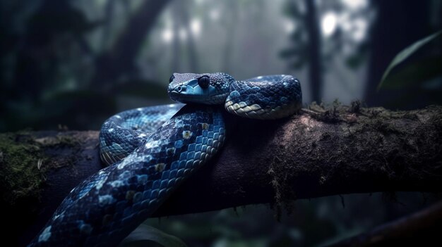 A photo of a majestic Blue Viper snake coiled up on a tree branch Generative AI