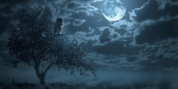 Photo of a Majestic Owl Perched on a Moonlit Tree in a Mystical day end Scene