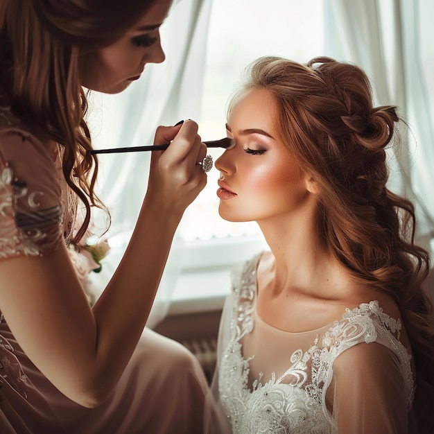 Photo of makeup artist doing bridal woman elegant makeup