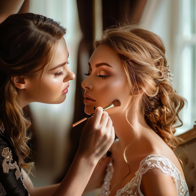 Photo of makeup artist doing bridal woman elegant makeup