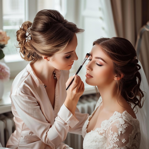 Photo of makeup artist doing bridal woman elegant makeup