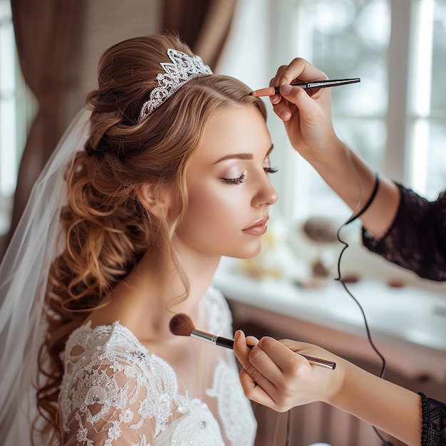 Photo of makeup artist doing bridal woman elegant makeup