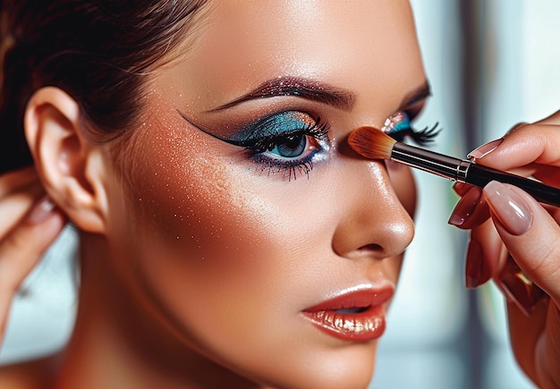 Photo of makeup artist doing bridal woman elegant makeup