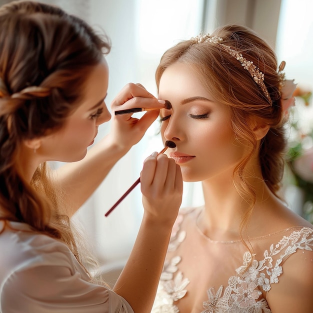 Photo of makeup artist doing bridal woman elegant makeup