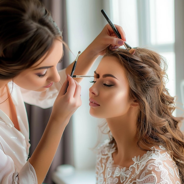 Photo of makeup artist doing bridal woman elegant makeup