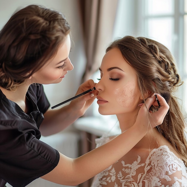 Photo of makeup artist doing bridal woman elegant makeup