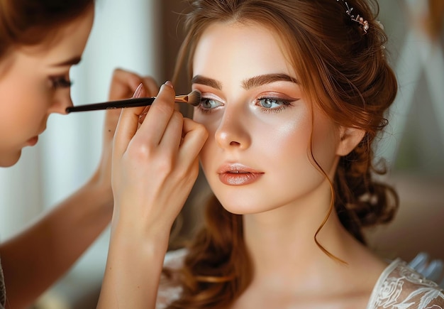 Photo of makeup artist doing bridal woman elegant makeup