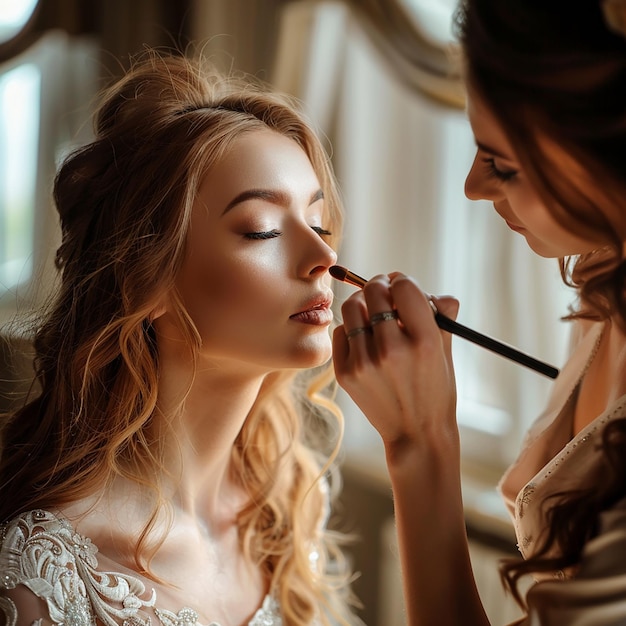 Photo of makeup artist doing bridal woman elegant makeup