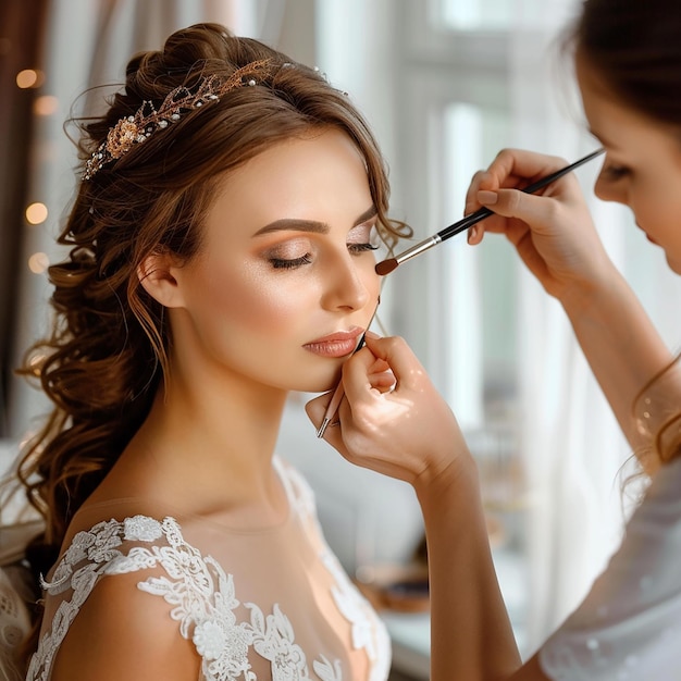 Photo of makeup artist doing bridal woman elegant makeup