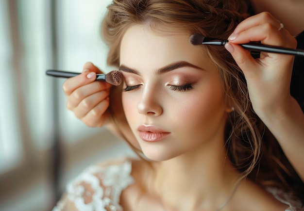 Photo of makeup artist doing bridal woman elegant makeup