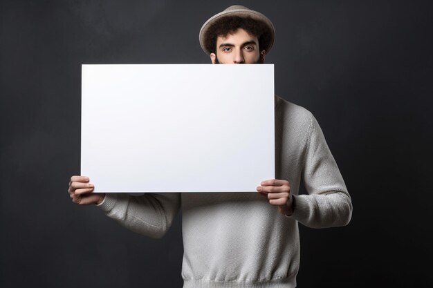 Photo Man Communicating through an Empty White Board With Grey Background