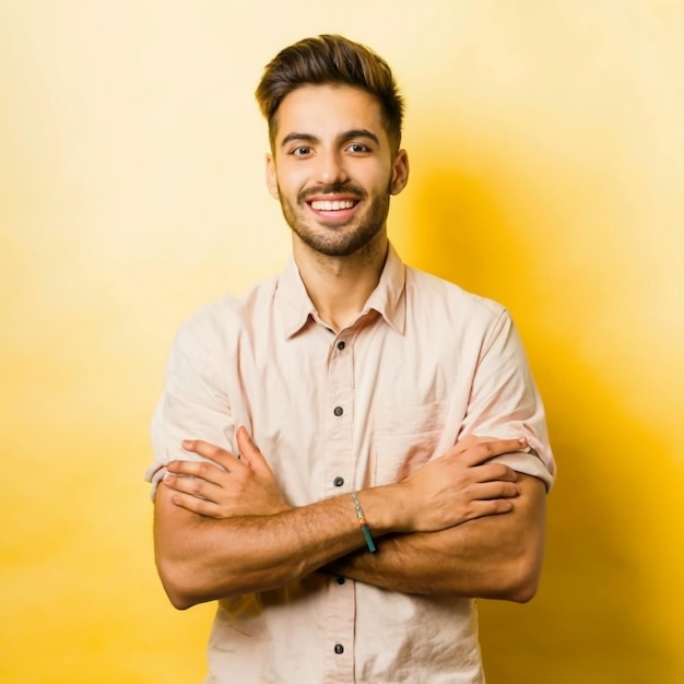 Photo man on isolated vibrant yellow color keeping the arms crossed in frontal position