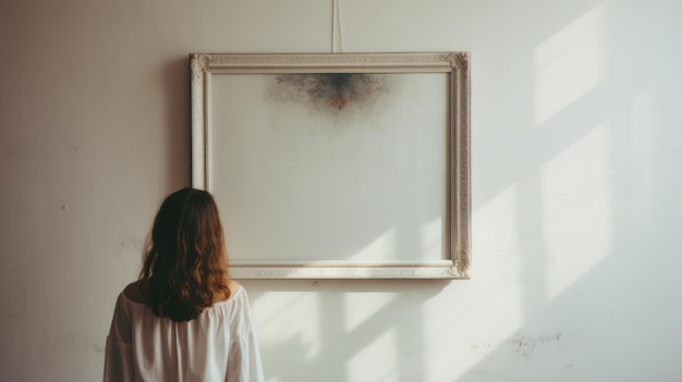 Photo photo of man in modern gallery looking at the empty canvas blank mockup motion blur