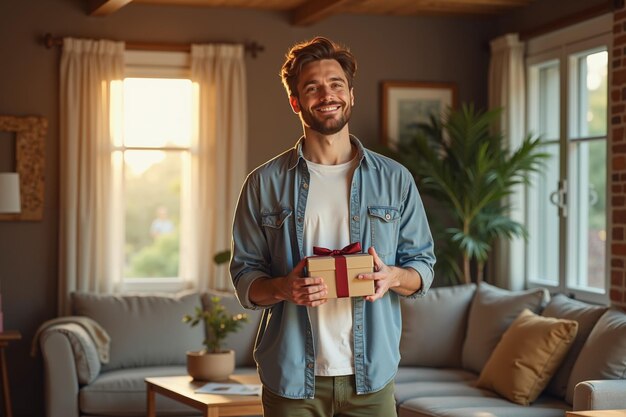 Photo photo of man in outfit holding gift box pressent in the house generative ai