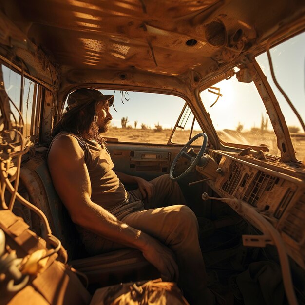 photo of a man sitting in a wrecked car