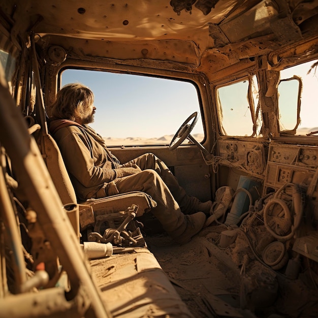 photo of a man sitting in a wrecked car