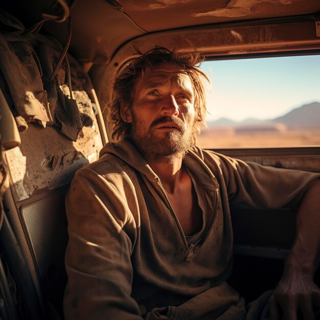 photo of a man sitting in a wrecked car