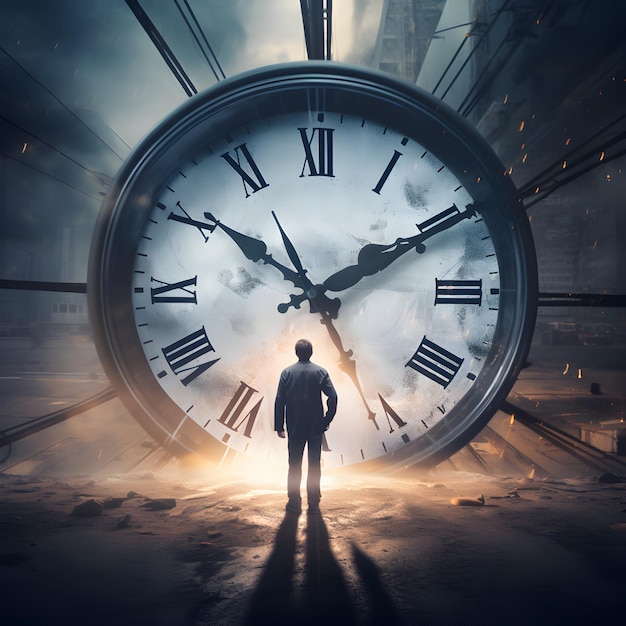 Photo man standing front of clock concept of losing time and trap in business Surreal art AI