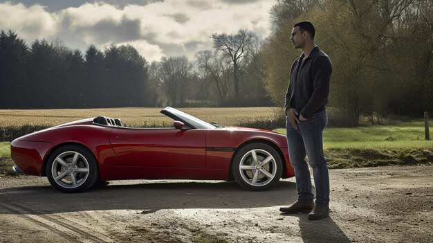 Photo of the man standing next to a sports car in the countryside