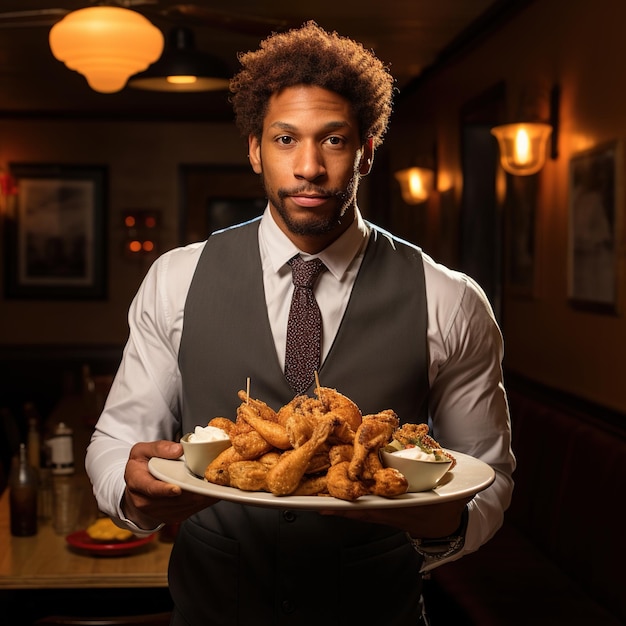 Photo a man waiter bring a plate of fried chicken