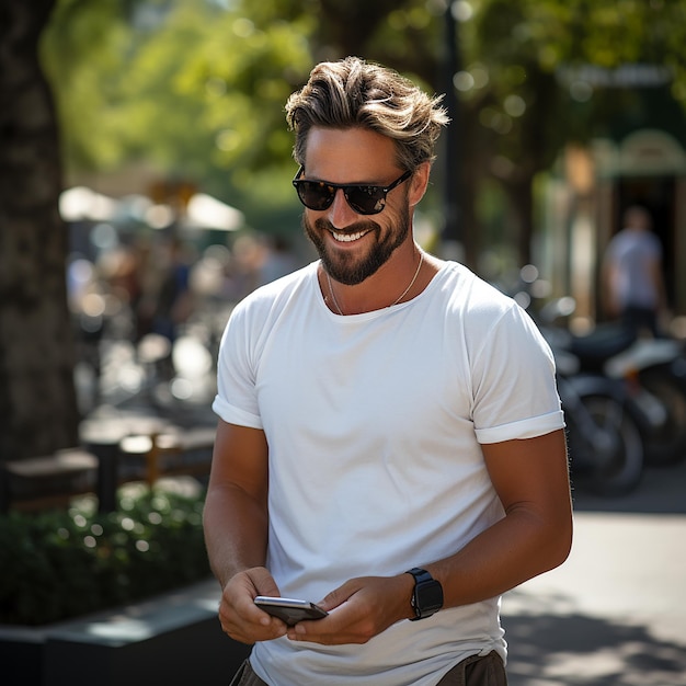 Photo of a man wearing a white tshirt smiling looking at a cellphone screen in a park