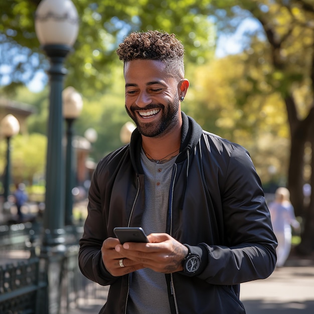 Photo of a man wearing a white tshirt smiling looking at a cellphone screen in a park