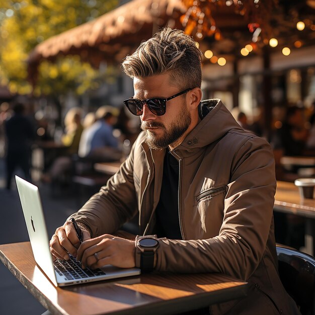 Photo of a man wearing a white tshirt smiling looking at a cellphone screen in a park