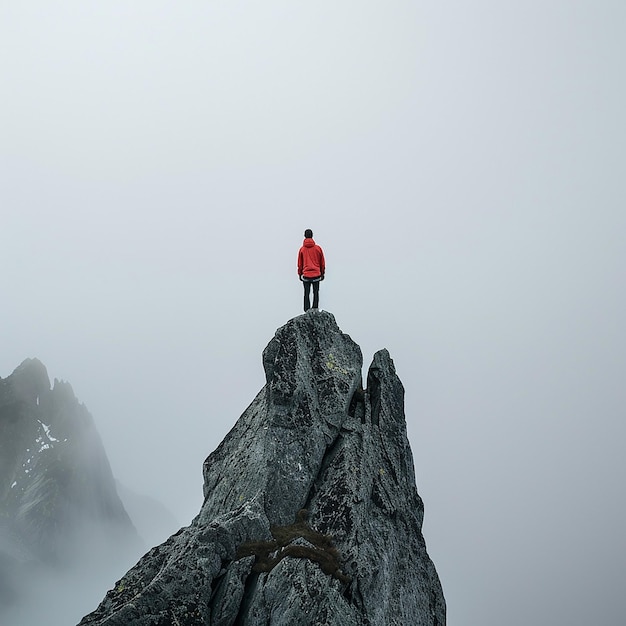 Photo of a man who stands on a mountain top and looks out at the mountains