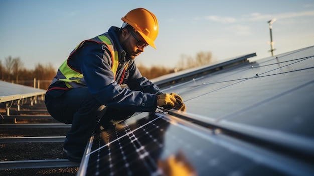 Photo Man with helmet near a solar panel generated by AI