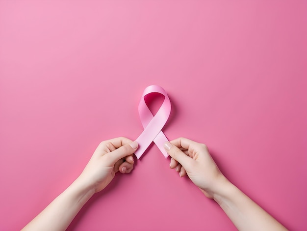 photo of man and woman hands holding pink ribbon