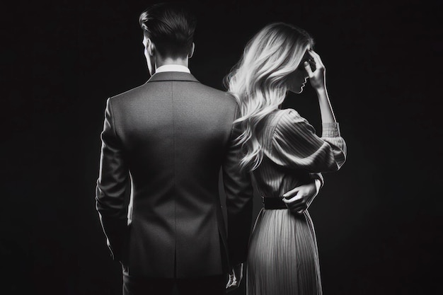 photo of man and woman stand with their backs to each other divorce concept on black background