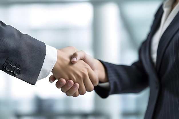 photo of a man and women shaking hands wearing suits in an office