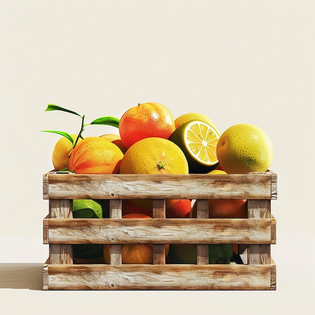 Photo of many Citrus Fruits in Wooden Crate on Light Background