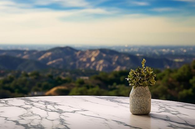 Photo of a marble table on top of a mountain for product presentation