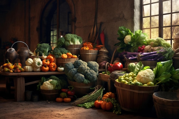 A photo of a market with vegetables in baskets and a window with the sun shining on it.