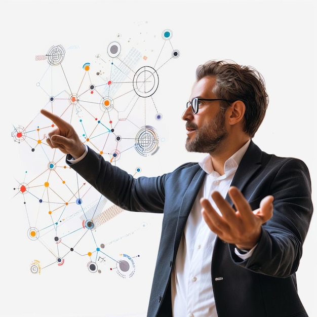 Photo of a marketing consultant explaining AI applications on a white background