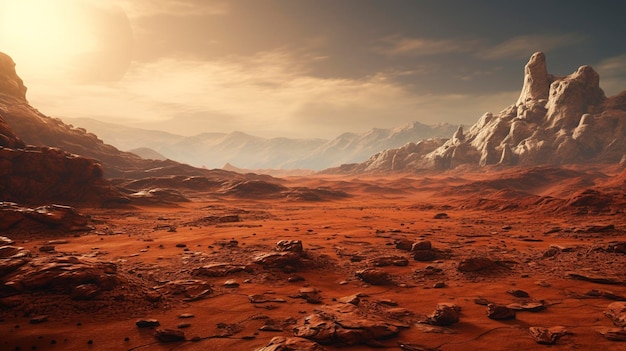 A photo of a Martian landscape with red soil