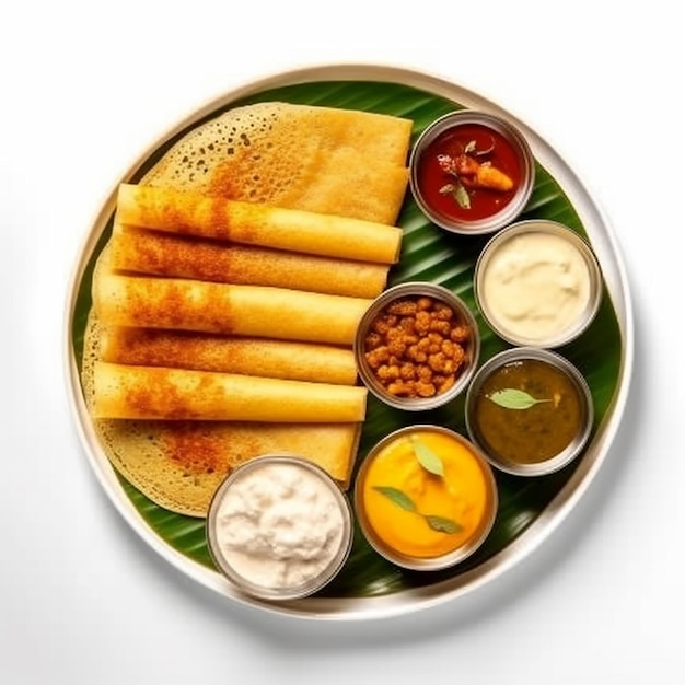 Photo masala dosa with chutney and sambar and potato sabzi cone triangle or roll shap