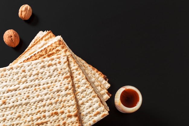 A photo of matzah or matza pieces. Matzah for the Jewish Passover holidays.